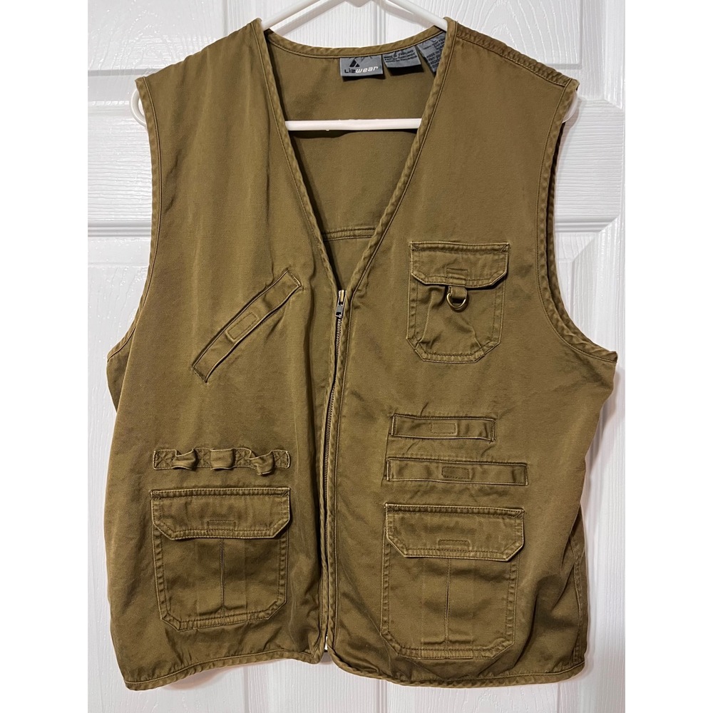 Lizwear Vtg Y2K Womens Utility‎ Vest L Olive Green Cotton Cargo Fishing Safari